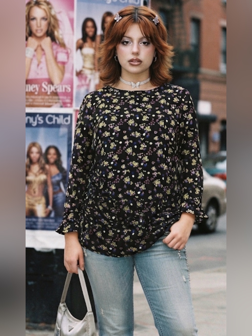 Papaya Matatan All over Floral Pattern 3/4 Sleeves Ruffle Blouse in Black 16